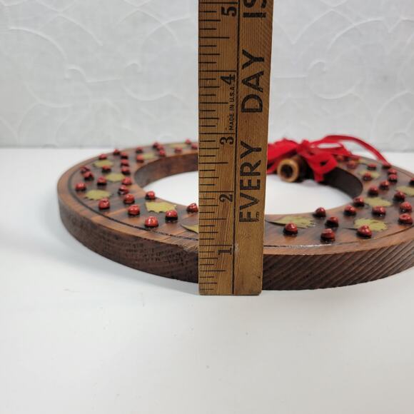 VINTAGE Wood Wreath 11" Brown Red‎ 3-D Accents Candle Holder Christmas Decor - Picture 11 of 16